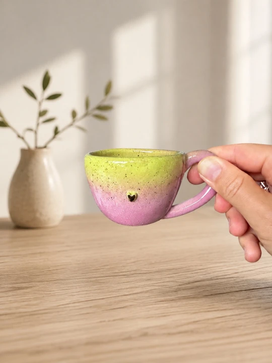 Filiżanka limonkowo różowa 100 ml espresso z serduszkiem.jpg