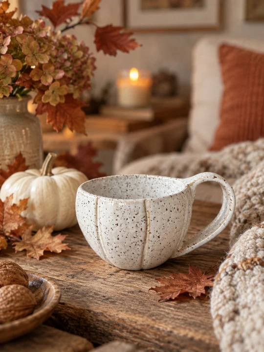 Filiżanka ceramiczna 200 ml Stracciatella w kształcie dyni – ręcznie wykonana jesienna filiżanka handmade z kolekcji Jesienne Opowieści Gaja Arte.