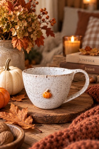 Filiżanka ceramiczna 200 ml Stracciatella z motywem dyni – ręcznie wykonana jesienna filiżanka handmade z kolekcji Jesienne Opowieści Gaja Arte.