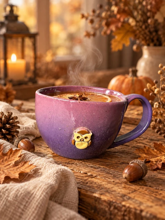 Filiżanka ceramiczna 300 ml fioletowo-różowa z motywem sowy – ręcznie wykonana filiżanka handmade z kolekcji Jesienne Opowieści Gaja Arte.