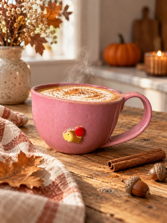 Filiżanka ceramiczna 300 ml różowa z motywem jeża – ręcznie wykonana jesienna filiżanka handmade Gaja Arte.