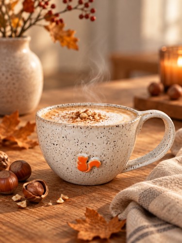 Filiżanka ceramiczna 300 ml Stracciatella z motywem wiewiórki – ręcznie wykonana jesienna filiżanka handmade Gaja Arte.