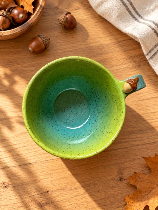 Filiżanka ceramiczna 300 ml limonkowo-turkusowa z żołędziem przy uchu – ręcznie wykonana jesienna filiżanka handmade Gaja Arte.