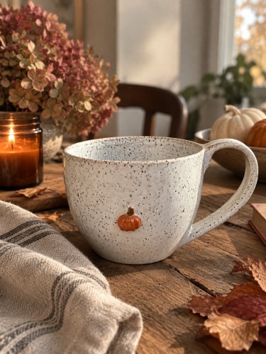 Kubek ceramiczny 400 ml Stracciatella z motywem dyni – ręcznie wykonany jesienny kubek handmade Gaja Arte.