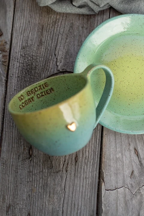 Talerzyk spodek ceramiczny 16 cm limonkowo-turkusowy handmade – widok z góry