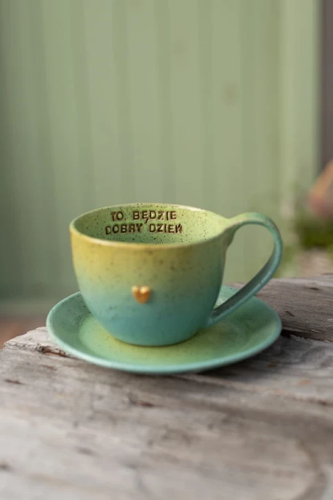 Talerzyk spodek ceramiczny 16 cm limonkowo-turkusowy z kubkiem 400 ml – ceramika handmade