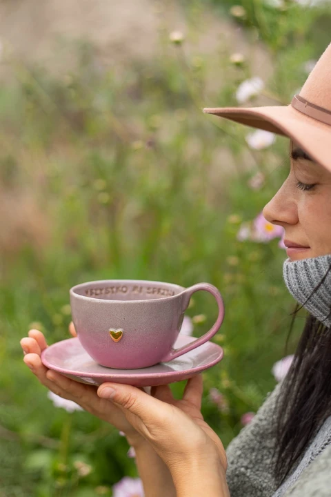 Filiżanka ceramiczna 300 ml szaro-różowa ze spodkiem – zestaw handmade