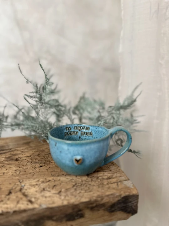 Filiżanka ceramiczna 300 ml turkusowa z afirmacją – ceramika handmade