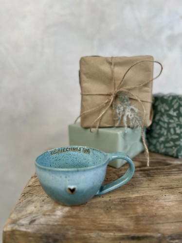 Turkusowa filiżanka ceramiczna handmade 300 ml z afirmacją