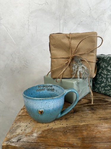 Kubek ceramiczny 400 ml turkusowy z afirmacją – ceramika handmade