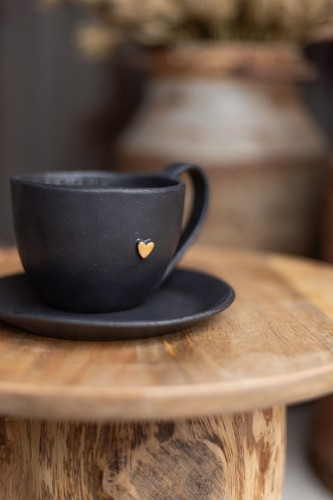 Talerzyk spodek ceramiczny 16 cm czarny handmade z kubkiem 400 ml