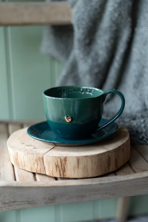 Kubek ceramiczny 400 ml zielono-morski handmade z talerzykiem