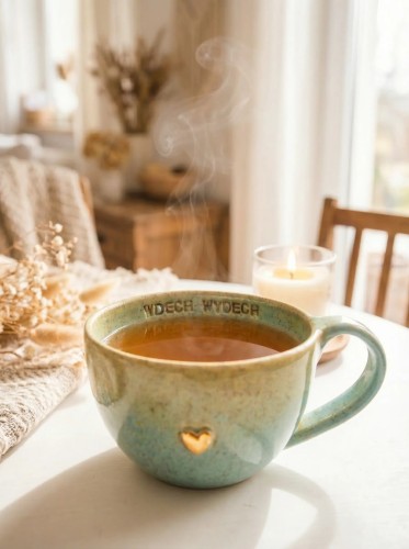 Filiżanka ceramiczna z kwiatem 300 ml limonkowo-turkusowa z herbatą stojąca na stole handmade