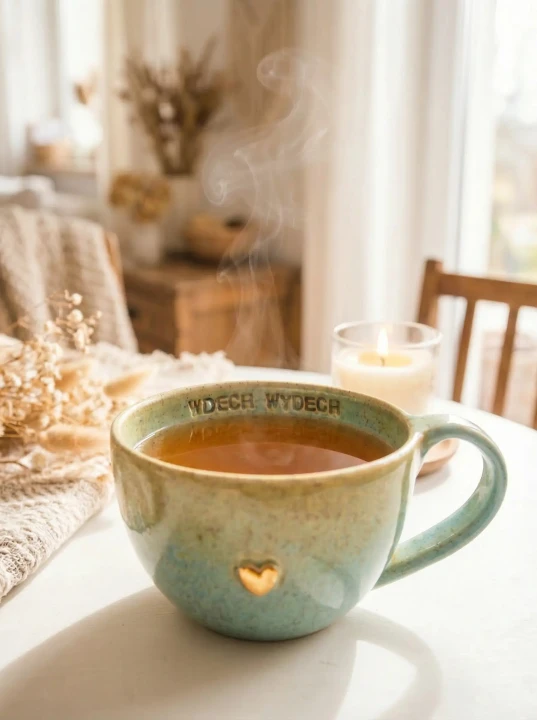 Filiżanka ceramiczna z kwiatem 300 ml limonkowo-turkusowa z herbatą stojąca na stole handmade